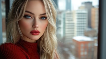 Fototapeta premium Stunning Beauty Portrait Featuring Bold Makeup with City Skyline Background During Daytime, Perfect for Fashion and Urban Photography Themes