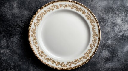 Empty Round White Plate with Elegant Golden Pattern