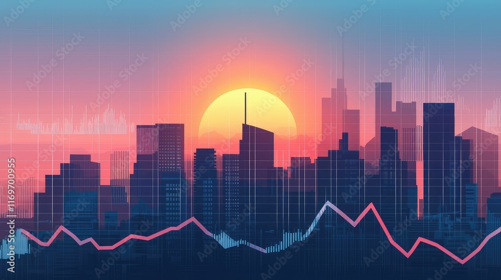 Poster sunset over a city skyline with graphs and data visualization elements