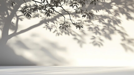White wall background with blurred shadow of tree trunk with leaves in daytime. Dapplewood. Illustration