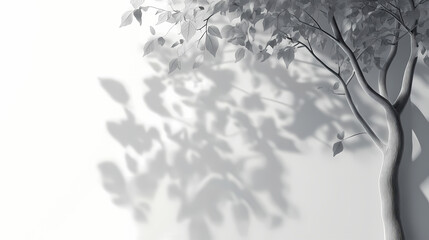 White wall background with blurred shadow of tree trunk with leaves in daytime. Dapplewood. Illustration