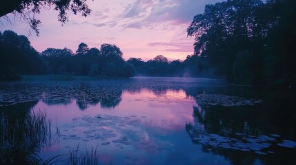 Serene Sunset Reflections Over Tranquil Lake Surrounded by Nature