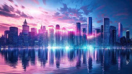 Fototapeta premium Vibrant City Skyline with Reflection at Dusk and Colorful Lights