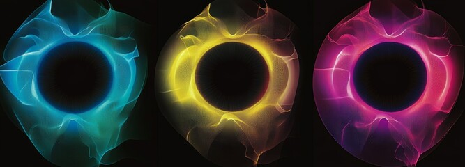 A vibrant digital iris with luminous, swirling lines and sparks on a black backdrop. Magnificent glowing futuristic circle banners. Modern artwork featuring an area for your content.