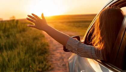 Happy woman with her hand up getting out of a car with open window and a meadow and a mountain lake in the background. Relaxed lifestyle of a traveler on a road trip on vacation. Transportation and tr