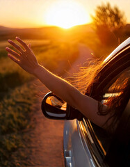 Happy woman with her hand up getting out of a car with open window and a meadow and a mountain lake in the background. Relaxed lifestyle of a traveler on a road trip on vacation. Transportation and tr