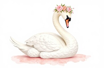 Elegant swan wearing a floral crown relaxing on a pastel background