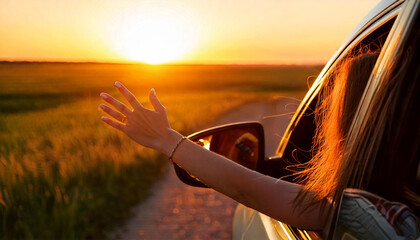 Happy woman with her hand up getting out of a car with open window and a meadow and a mountain lake in the background. Relaxed lifestyle of a traveler on a road trip on vacation. Transportation and tr