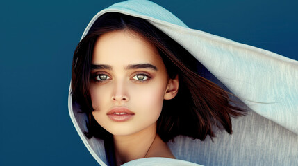Fototapeta premium A darkhaired girl with a hood strolls through a breezy city, capturing the essence of urban life against a winter backdrop.