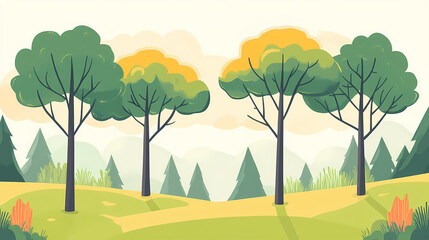 Fototapeta premium Peaceful forest clipart with tall trees and dappled sunlight, creating a serene and tranquil atmosphere. Dapplewood. Illustration