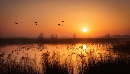 Fototapeta premium Minimalistic Wetland Illustration with Birds and Reeds Under Warm Sunset for World Wetlands Day