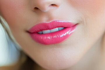 Naklejka premium Woman's lips are painted in a bright pink color