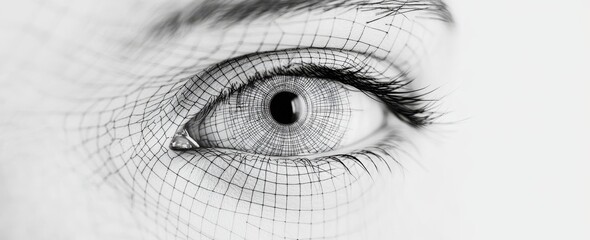 A detailed close-up of a human eye modeled in a digital wireframe mesh, representing the contemporary idea of digital reality, AI, or stock.