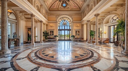 Fototapeta premium Grand Mansion Lobby Marble floor, columns, sunlight, outdoors view, luxury real estate