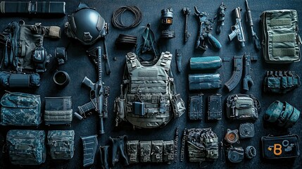 Military Equipment and Tactical Gear Flat Lay on Dark Background