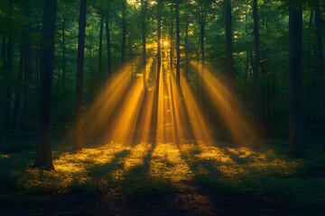 Obraz premium Sunbeams illuminate a misty forest at dawn.