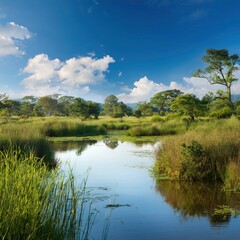 Fototapeta premium Lush Green Wetlands: A Scenic Haven of Wildlife and Natural Beauty