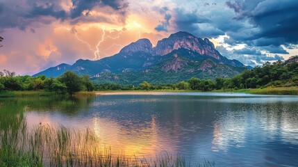 Naklejka premium Majestic Mountain Landscape with Dramatic Sky and Calm Water