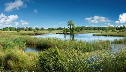 Fototapeta premium Lush Green Wetlands: A Scenic Haven of Wildlife and Natural Beauty