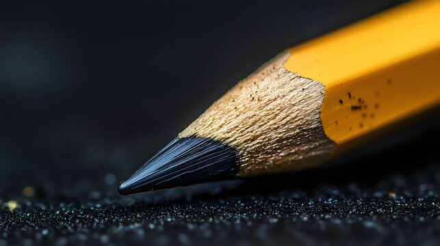 Close-up of a Sharpened Yellow Pencil Tip on a Dark Surface