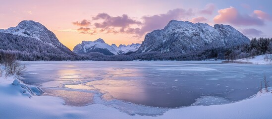 Serene snowy mountains and a frozen lake, illuminated by a pastel sunset