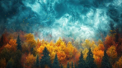 Obraz premium Vibrant Autumn Forest Scene with Dramatic Cloudy Sky