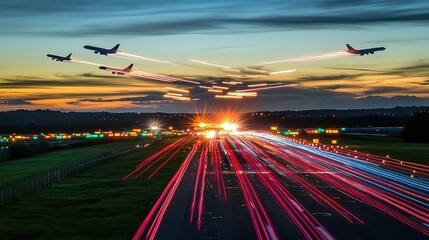 Dynamic Air Traffic at Sunset with Colorful Light Trails