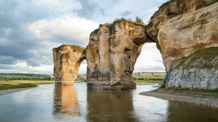 Majestic Rock Formation Over Tranquil River Under Cloudy Sky