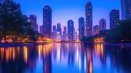 Fototapeta premium Urban Cityscape at Dusk with Reflections in Water Bodies