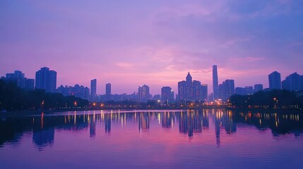 Serene Cityscape Reflected in Water at Dusk with Vibrant Sky