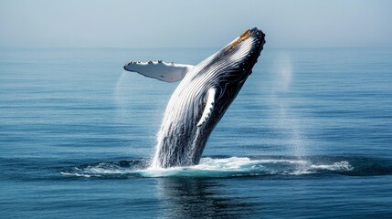 Fototapeta premium Majestic Humpback Whale Breaching in Calm Ocean Water Surface