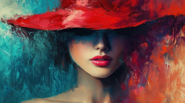 Oil paint portrait of a woman with a vintage hat, vibrant colors and textured brush strokes, artistic minimalistic style, - Powered by Adobe
