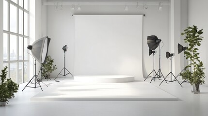 Minimalist white photo studio setup. generative ai