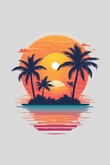 Enchanting sunset over tranquil bay, palm trees swaying gently, colorful mountains in the background, perfect for promoting relaxation, travel, and adventure themes in visual storytelling.