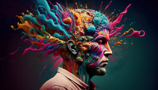 Concept of mental health. Portrait of a man with exploding head with multicolored paints.