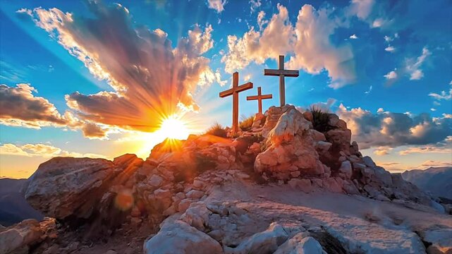 Three crosses on a rocky hill with dramatic sunset in the background. Symbolic representation of Calvary with three crosses.
