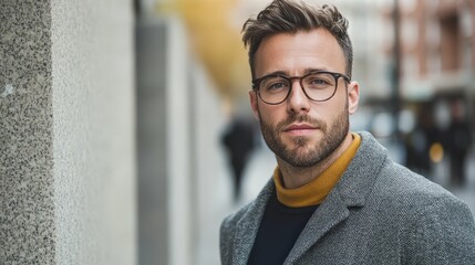 Fototapeta premium Young professional man in urban cityscape with natural daylight, modern street photography concept, clean contemporary aesthetic,