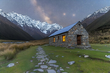 Stone hut illuminated at night, nestled in a valley between snow-capped mountains under a starry sky.