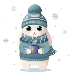 A funny bunny in a warm hat and scarf with a cup of hot tea. Rabbit in sweater with coffee cup on a background of snowflakes. A wonderful color illustration for print design, kids wear, book design