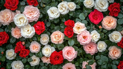 Top down view of a floral bed with red and blush pink roses, vivid colors and lush petals, arranged symmetrically, soft ambient lighting, elegant and natural aesthetic
