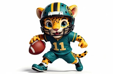Cheerful cartoon leopard character running with football in a playful sports outfit