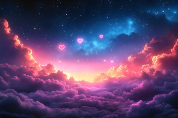 Sunset Scene with Pink and Purple Heart-Shaped Clouds in a Vibrant Romantic Sky