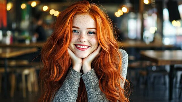 A stunning girl with flowing red hair leans gracefully on a table, her bright smile capturing the essence of joy.