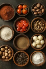 Assortment of Culinary Ingredients in Wooden Bowls