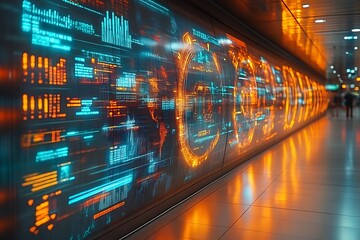 Futuristic data display in a modern corridor.