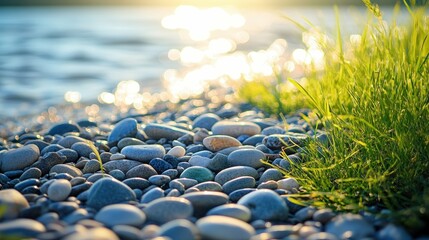 Pebbles on a lakeshore surrounded by fresh grass, soft spring sunlight, calm outdoor scene,