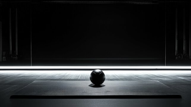Training kettlebell lying on a gym mat, industrial lighting, minimalistic fitness setup,