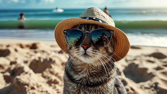 Cool cat dons hat and sunglasses, chilling on the sandy beach, summer vibes, Ai Generated.