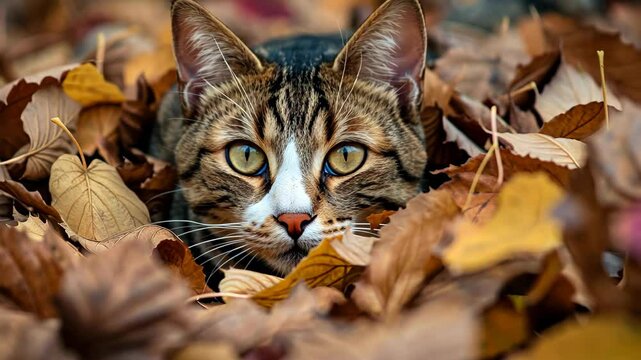 Playful cat hides amidst a pile of leaves, eyes peeking mischievously, autumn fun, Ai Generated.