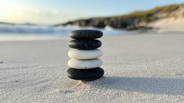Stack of smooth black and white stones on a sandy beach, balanced perfectly, soft waves in the blurred background, natural lighting, minimalistic style